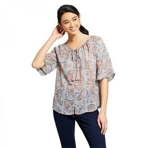 Knox Rose Floral Paisley Top Gray Pink Crew Neck Button Front Half Sleeve Sz L